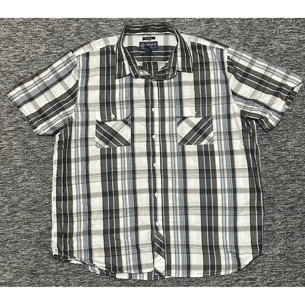 American Rag Mens XXL Brown White Plaid Button Down Short Sleeve Cotton Shirt